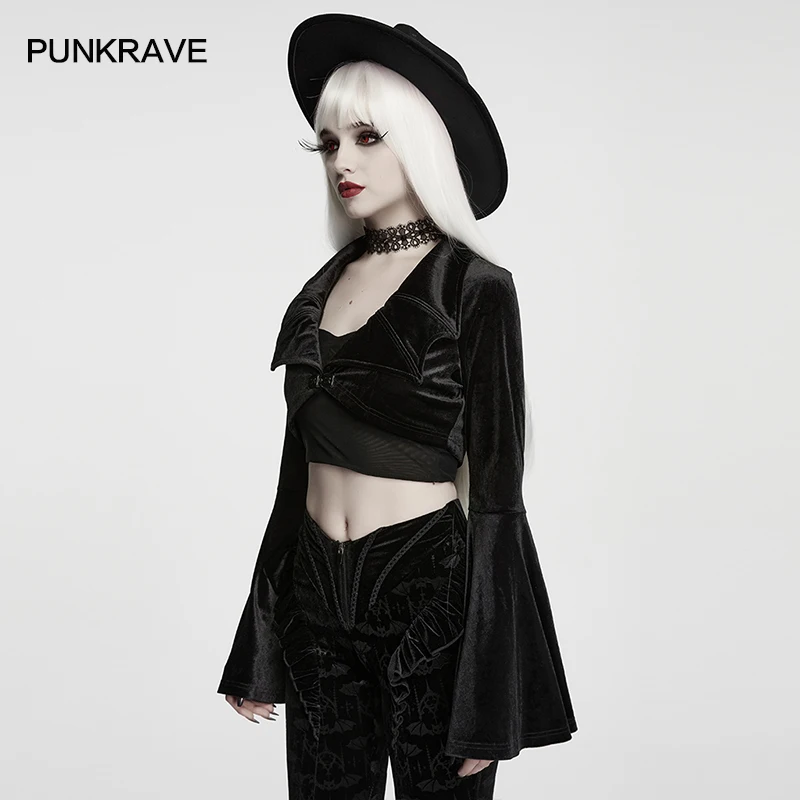 PUNK RAVE Women's Gothic Luxurious Velvet Bat V-neck Short Jacket Vintage Atmosphere Party Club Dark Small Coat