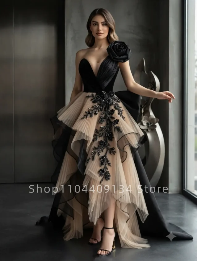 Elegant Black Champagne Formal Evening Dress One-Shoulder Sleeve Beaded свадебное платье Arab A-line Party Ball Gown Customized