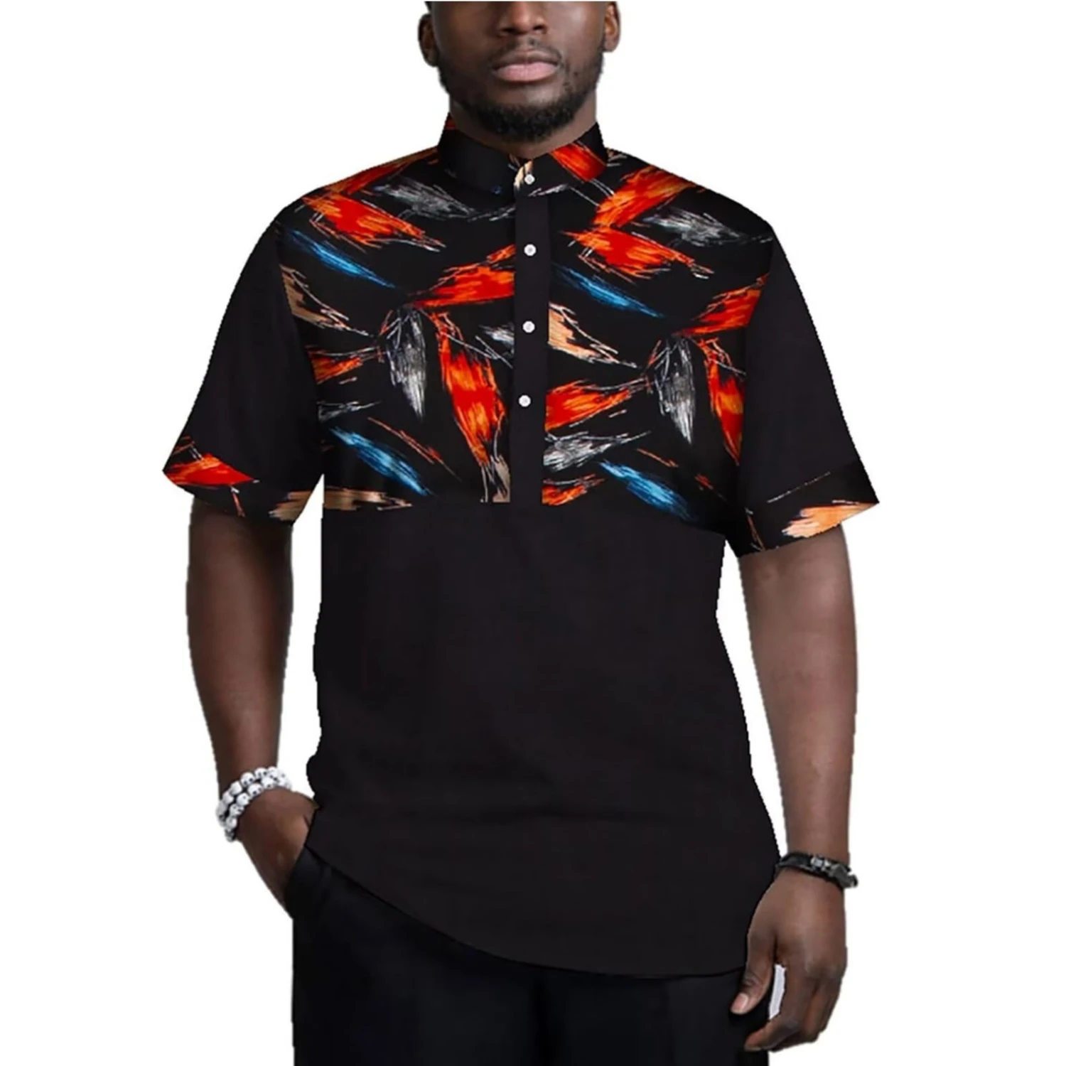 الرجال الأفريقي قميص التقليدية طباعة القبلية نمط ايوسل المرقعة تصميم قصيرة الأكمام الوقوف طوق زر أسفل قميص WYN781