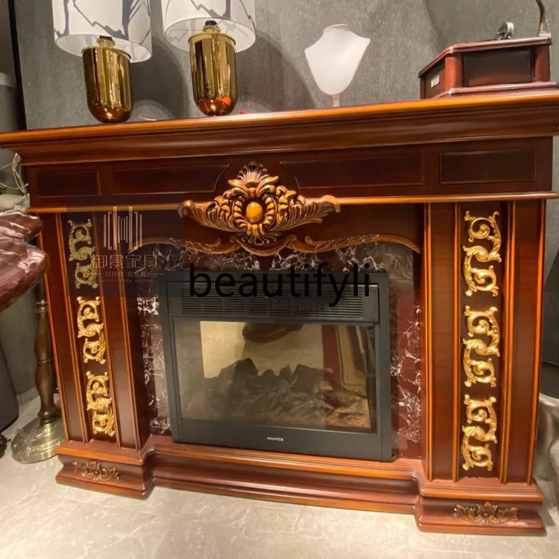 خزانة مزخرفة قديمة من الخشب الصلب الأوروبي، خزانة موقد ذهبية من الخشب الصلب #1