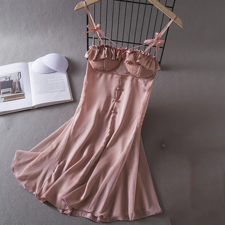 Sexy Patchwork Lace Suspender Nightgown New Summer Female Mini Nightdress Chemise Sleepwear Loose Silk Satin Home Wear Lingerie