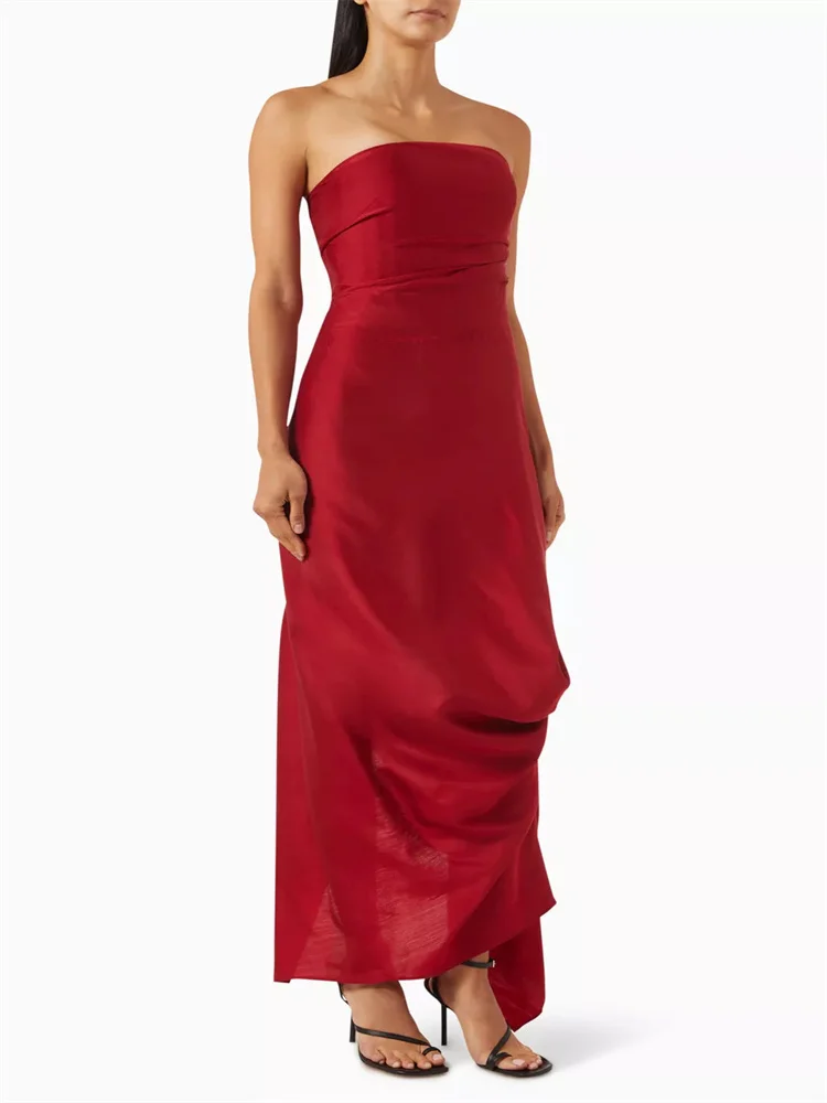 

Hot Selling Strapless Neckline Straight Satin Evening Dress Elegant Open Back Zipper Floor Length Draped Hem Gown For Women 2024