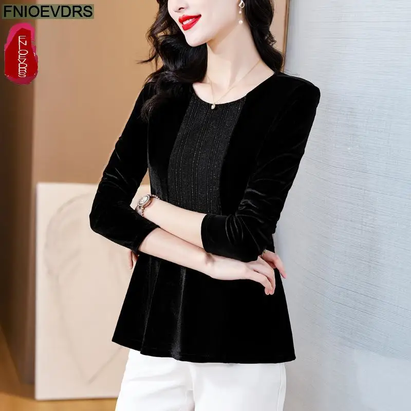 S-4XL Bling Black Tops Women Winter Basic Warm Wear New Design Retro Vintage French Design Peplum Shirts Velvet Tops Blouses