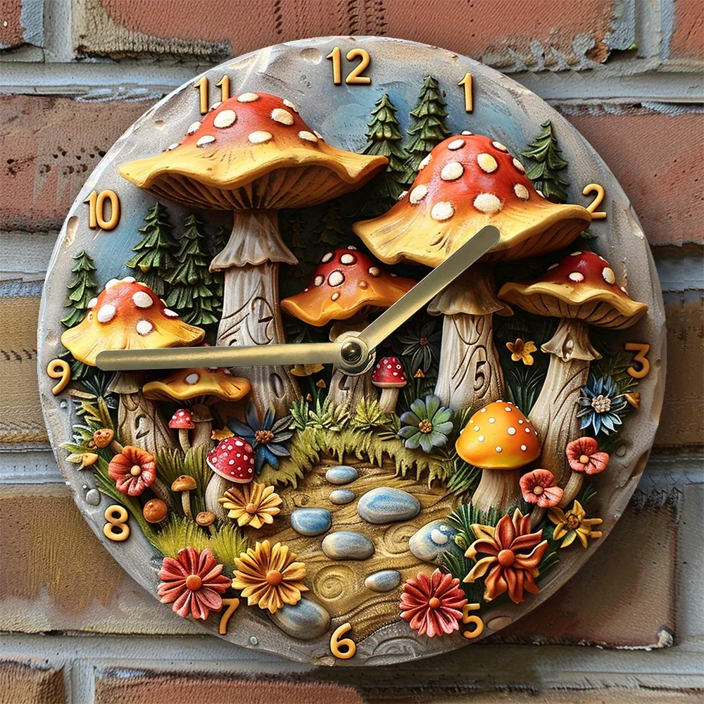 

Silent Aluminum Wall Clock With Mushroom Forest Design - Perfect For Living Room Decor, Mother'S Day & Summer Vacation