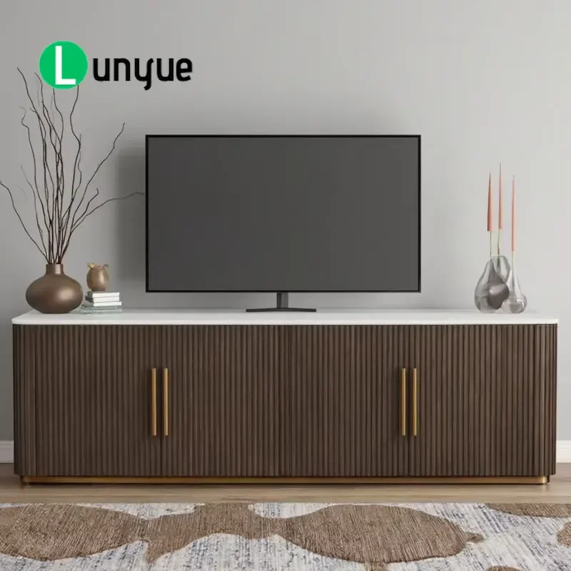 Luxury American Living Room Furniture Set Oak Solid Wood TV Cabinet with Marble Countertop Four Door Media Console