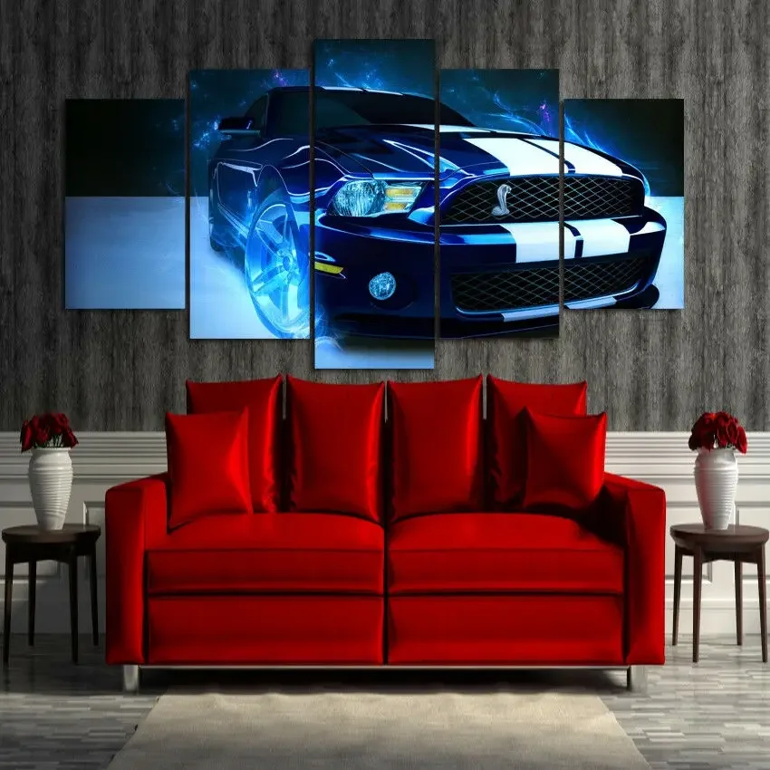 No Framed Canvas 5 Panel Blue Ford Mustang Shelby Car Modular HD Decorative Wall Art Posters Pictures Home Decor Paintings