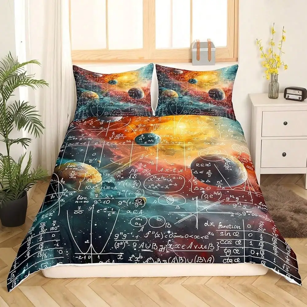 3PCS Math Equation Galaxy Solar System Bedding Set Full Size Duvet Cover Science Biology Formula Printed Bedspread For Kids Boys