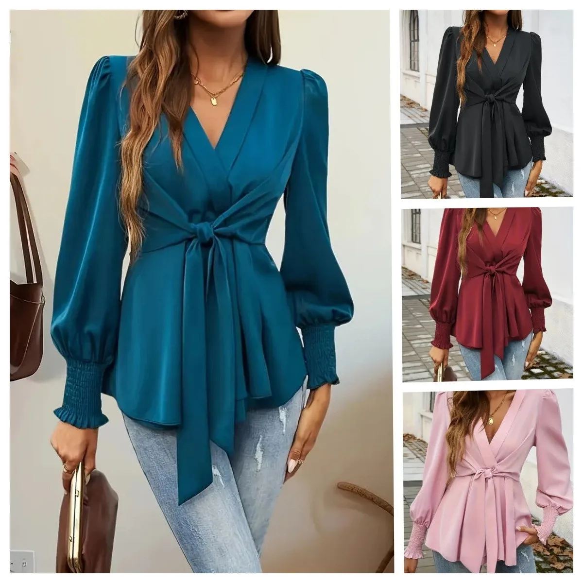 V Neck Tie Waist Shirt Regular Length Graceful Elegant with Mercerized Finish Slight Stretch Autumn Pullover Women Blouse