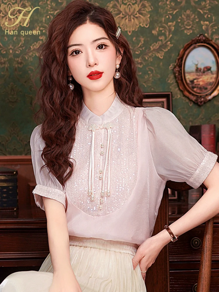 H Han Queen Summer Beaded Sequins Tops Simple Office Lady Chiffon Blouse Short Sleeve Shirt Casual Korean OL Loose Blouses Women