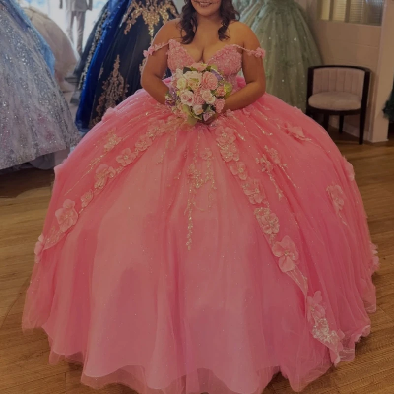 

Pink Shiny Quinceanera Dresses Off The Shoulder Flower Beading Crystal Bow Tull Party Birthday Sweet 16 Dress Vestidos 15 Anos