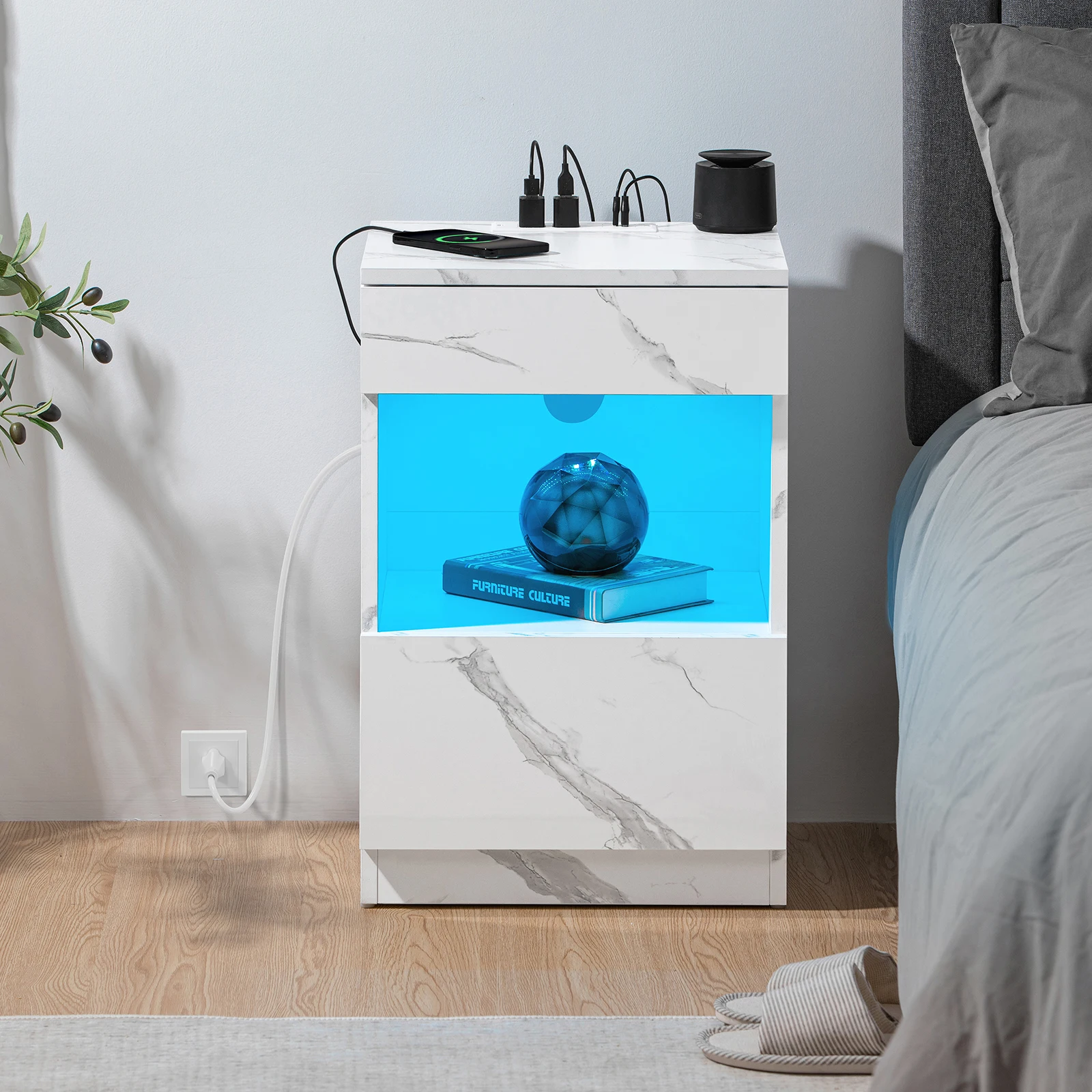 

LED Nightstand with Wireless Charging & 2 Drawers Bedroom End Table Storage Cabinet