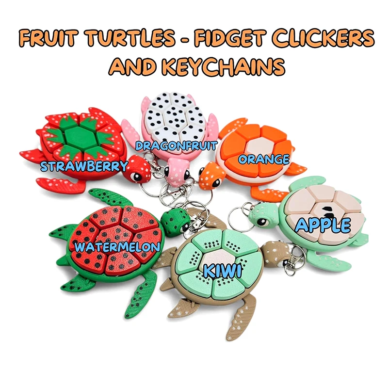 1Pcs Turtle Fruit Pendant Keychain, 3D Fidget Clickers Sensory Key Ring Toy For Autism Anxiety Relief