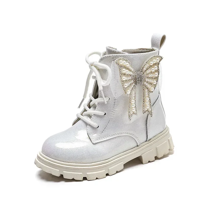 

Shine Princess Shoes Children Fashion Ankle Boots for Girls Butterfly Pearls 2024 New Cute Cool Unique Round-toe Versatile Boots