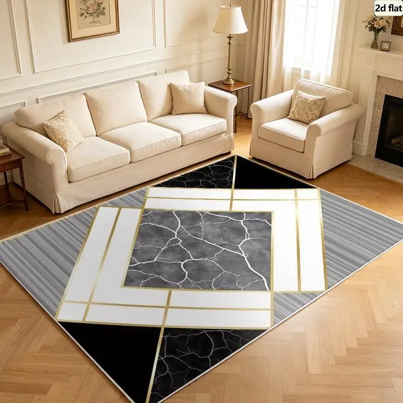 Carpet Flooring Marble Geometric Square Area Rug Gold Line Inlay Grey Crack Texture Floor Carpet Home Decor