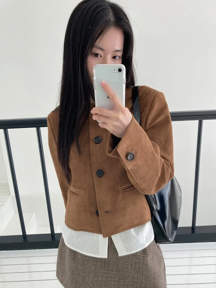 Veste longue en daim rétro Chic à bouton unique, ample et décontractée, longueur d'épaule, vêtements d'extérieur pour jeunes femmes en automne