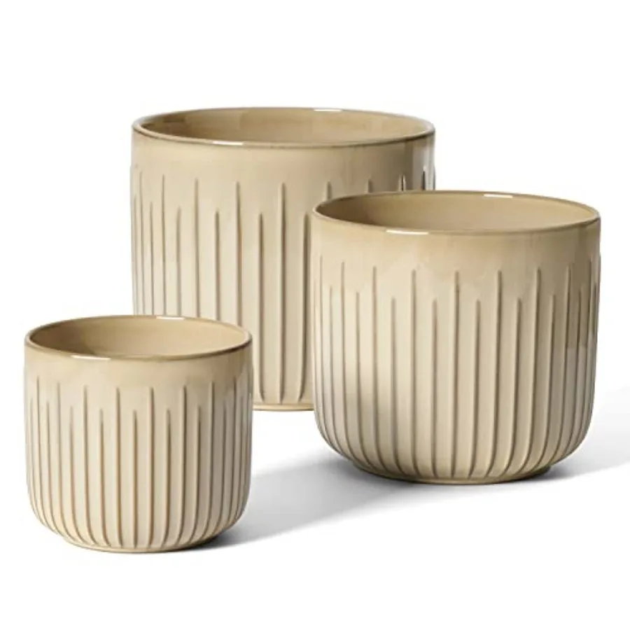 Ceramic Pots for Plants 8.3/7/6 Inch Indoor Planters with Drainage Holes and Mesh Modern Glossy Glaze Cylinder Fluted Plant Pot