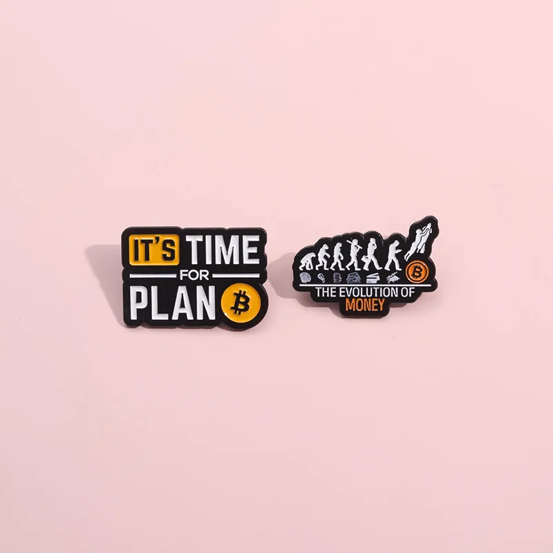 The Evolution Of Money Brooch Enamel Pins Funny Bitcoin Time For Plan B Brooches Lapel Badge Cartoon Jewelry Ornaments Wholesale