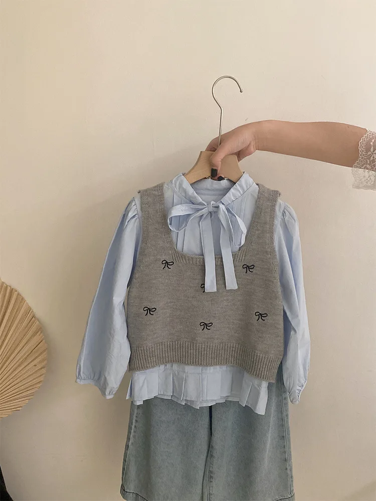 

Girls' Spring Outfit2025Trendy Fashionable Bowknot Vest Shirt Wide-Leg Pants Children's Korean Style Three-Piece Set