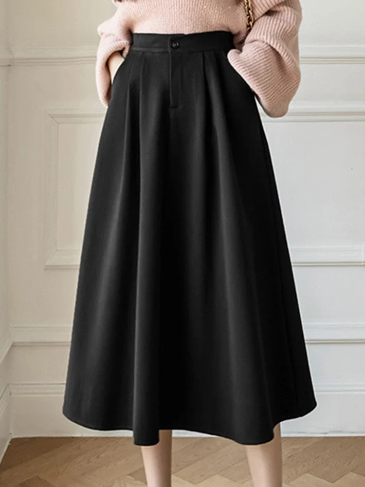 Korean Women Elegant Casual A-line Skirt Autumn Winter Thick Commuter Skirt Lady Fashion Sim Solid All-match Skirt B319