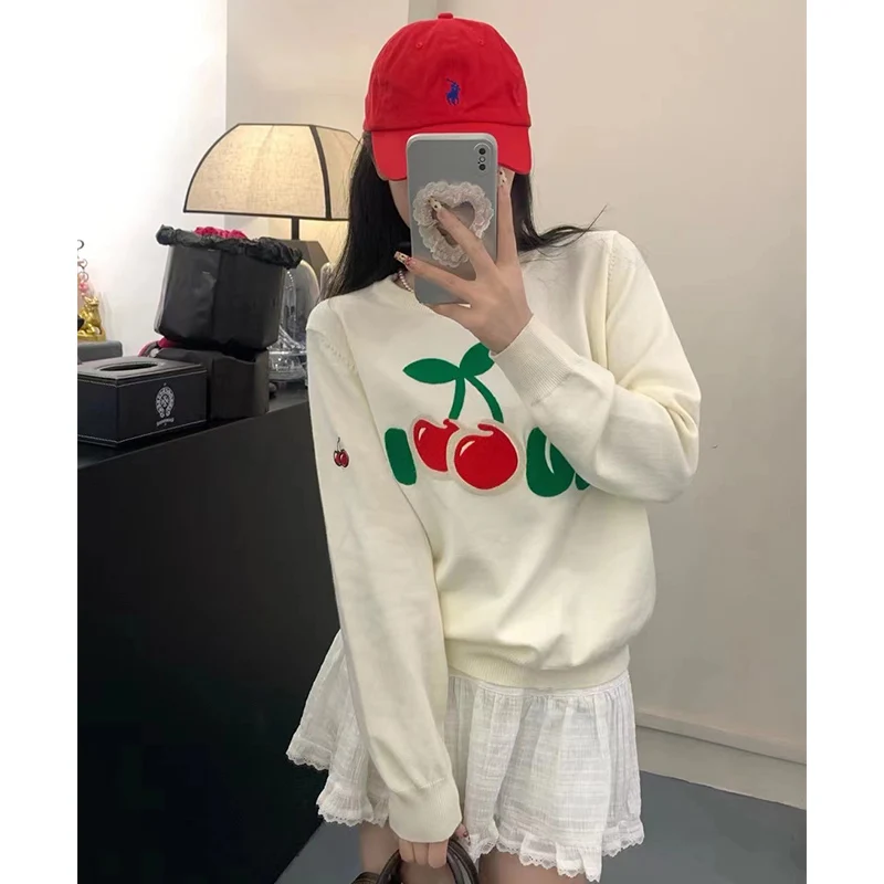 Letter Embroidered Knit Pullover Sweater Cherry Pattern Women Tops Autumn Winter Knitwear Luxury Designer Brand Fashion Clothing