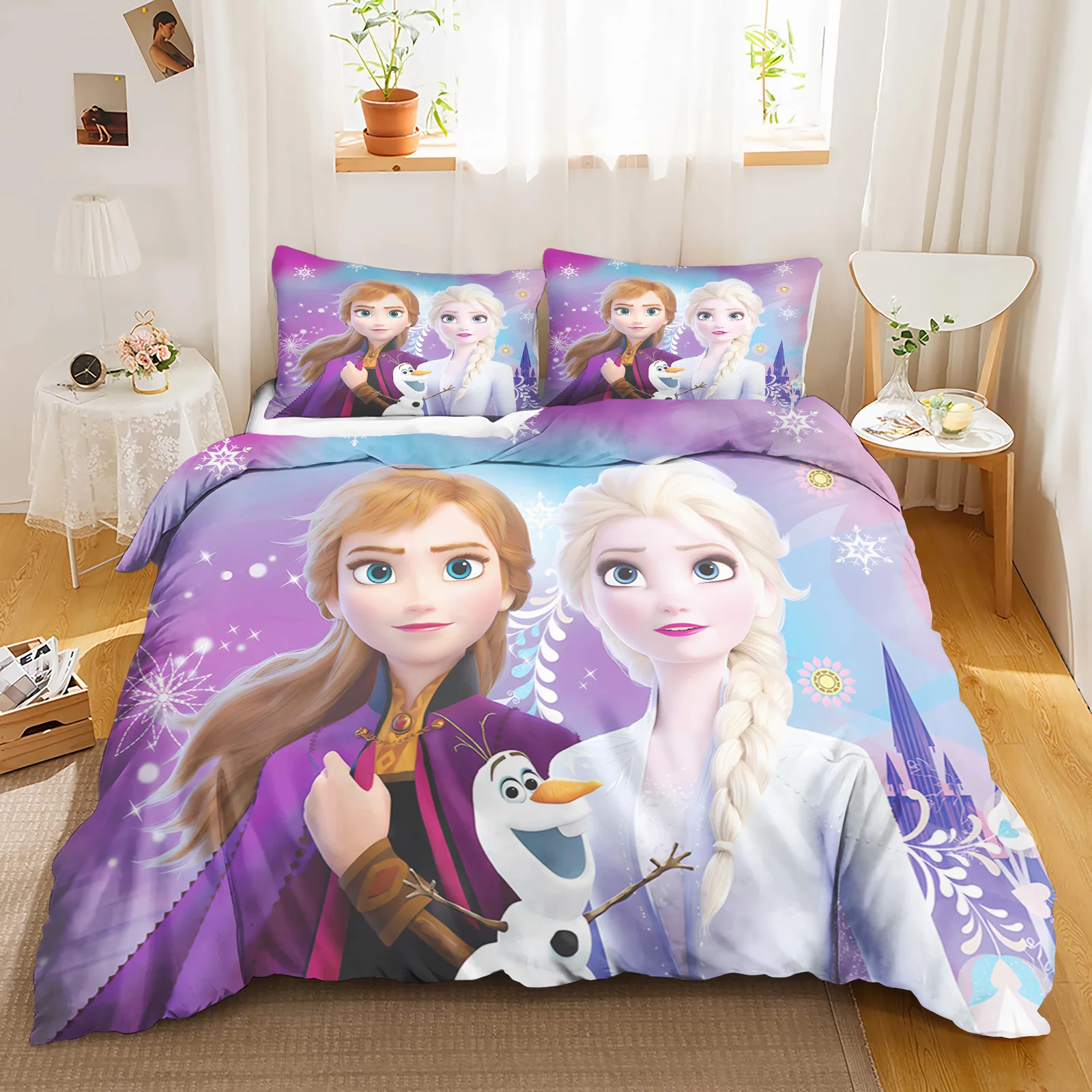 Frozen Duvet Cover，Elsa Anna Olaf Bedding Set，Anime Cartoon Children'S Bed Linen 135 X 200 cm for Girl'S Room 3pcs  (No Filling)