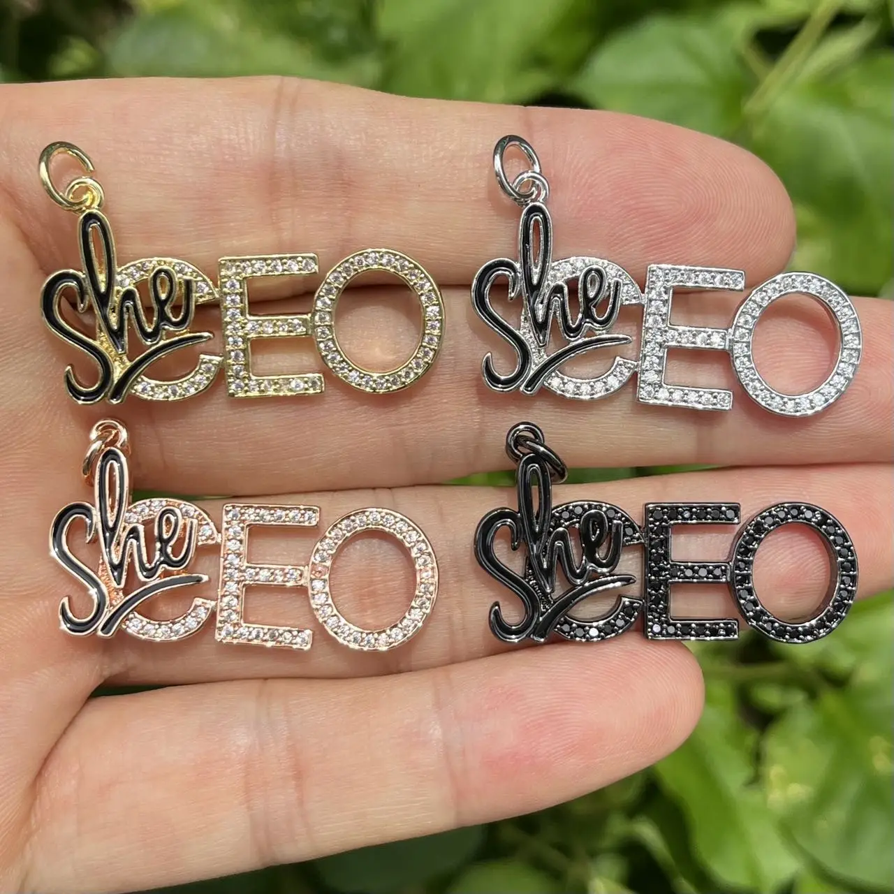 

5pcs Cubic Zirconia Paved Bracelets Pendant Charms She CEO Letters Black Magic Queen Jewelry Making Accessory