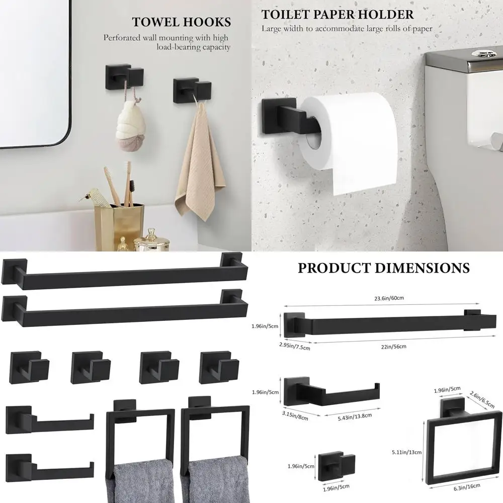 

Complete 10-Piece Matte Black Bathroom Accessory Set: 23.6 Towel Bar, Ring, Holder, Hooks