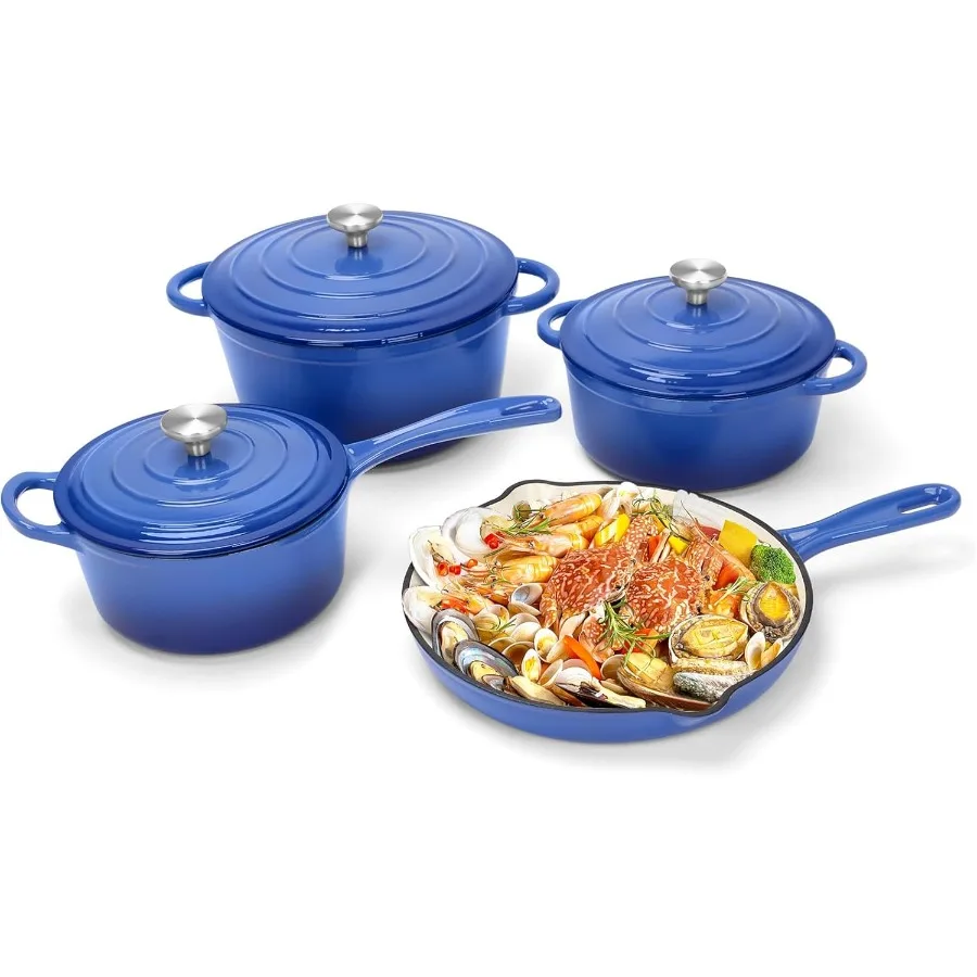 Nonstick Enameled Cast Iron Cookware Set 7Pcs Pots and Pans with Lid Skillet Frying Pan Saucepan and Dutch Oven for All Stoveto