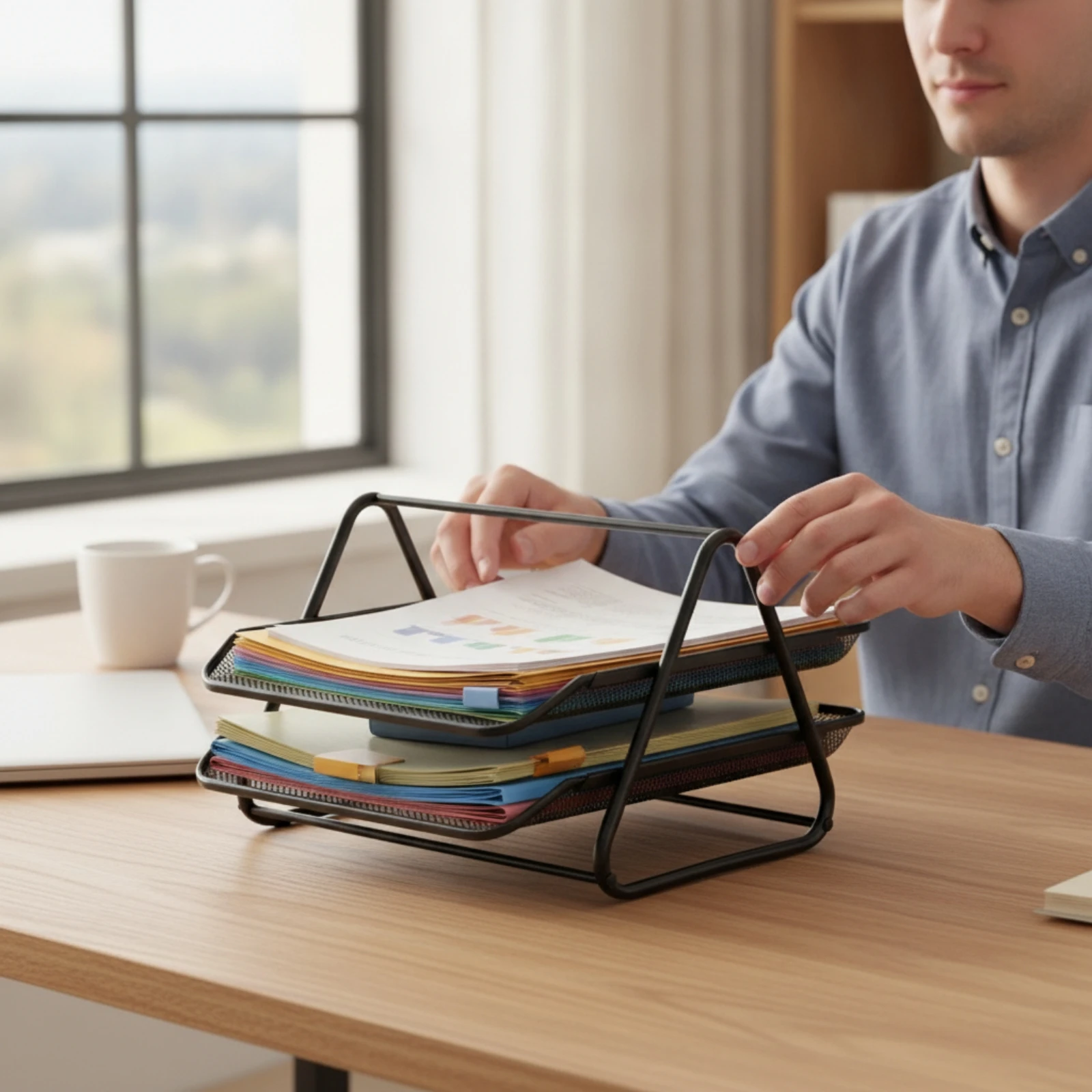 Desk Organizer with Two Tiers Slanted Wire Mesh Paper Tray File Storage Tray Space-Saving Wire Document Holder Compact