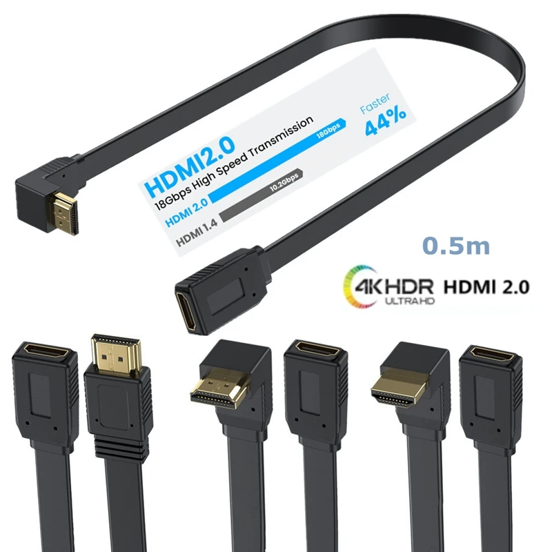 0.5m Flat HDMI - compatible With 2.0 male and female Extension Cables, 4K 60HZ All Copper 19+1 High-Definition Connection Cable