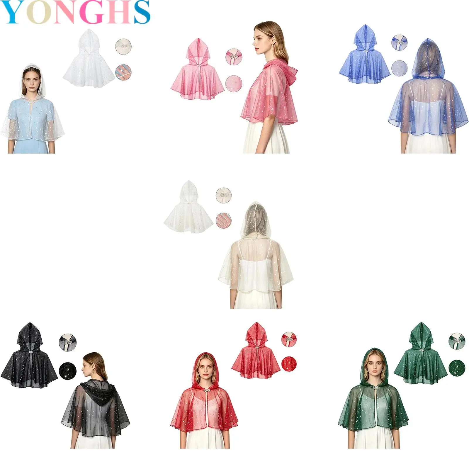 Womens Hooded Star Mesh Tulle Cape Cloak with Rhinestone Clasp for Cosplay Stage Performance Halloween Party