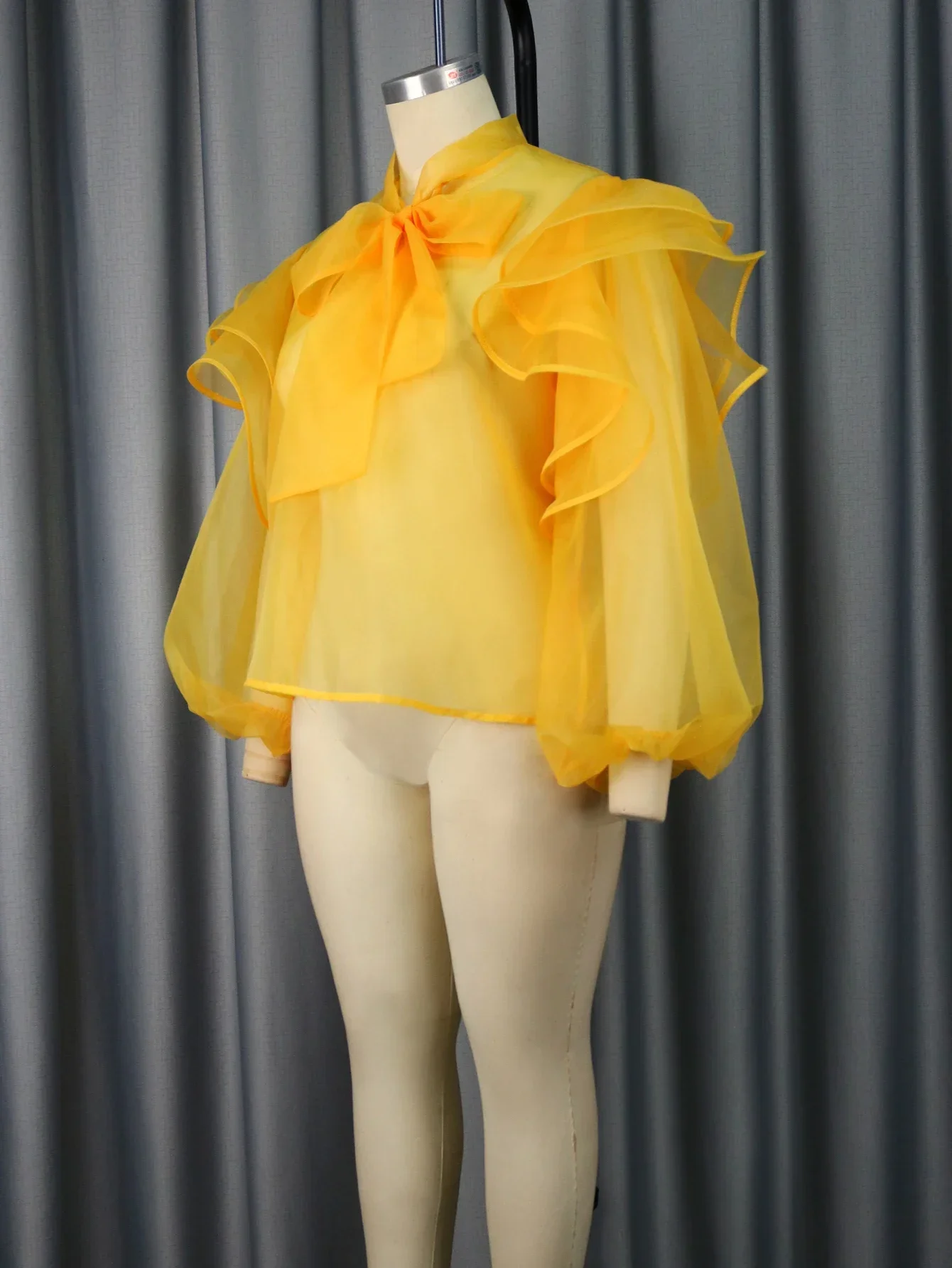 Women Plus Size See Through Mesh Blouse Yellow Sheer Tulle Top Bowtie Ruffles Long Lantern Sleeve Elegant Party Club Clothings