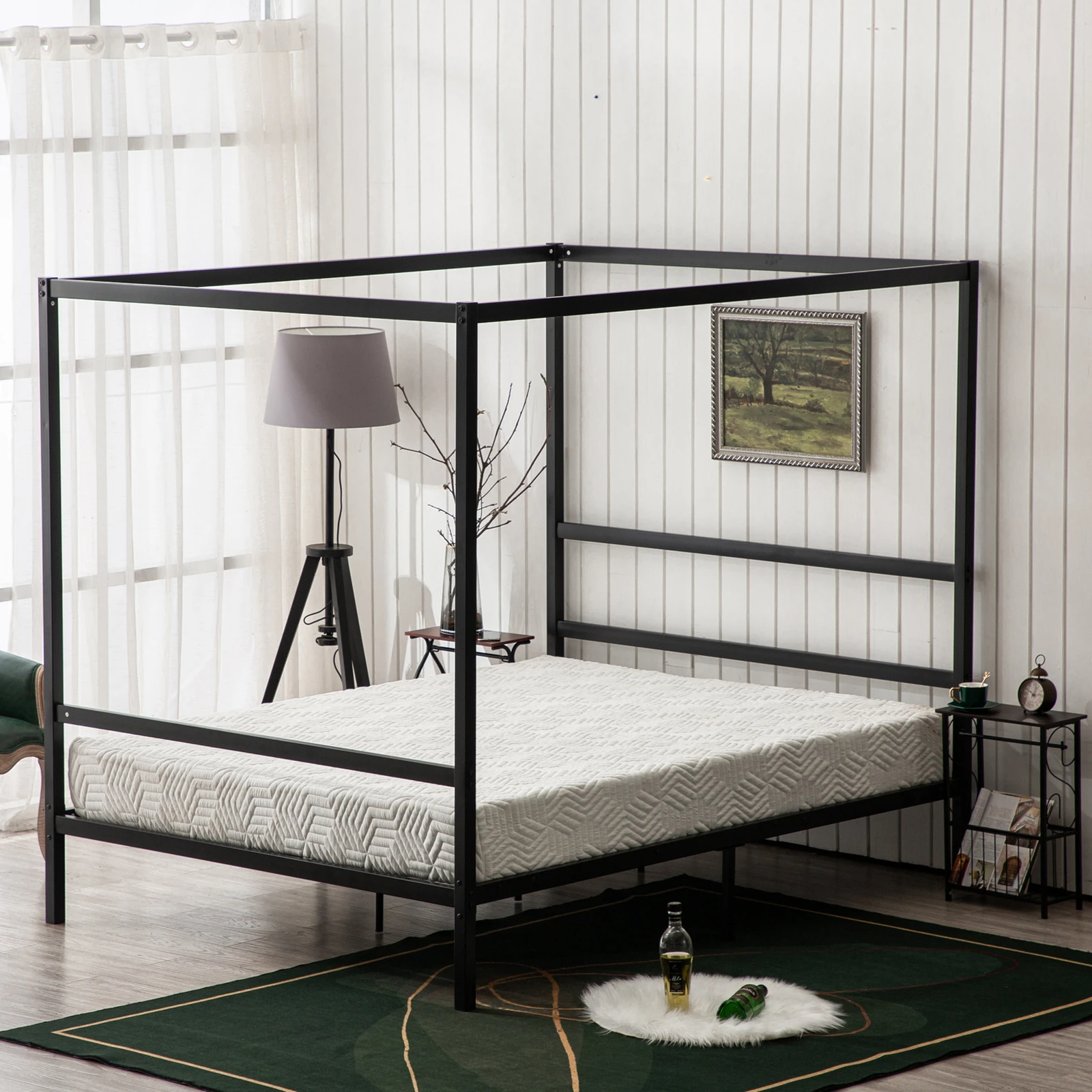 Square Tube Mosquito Net Bed Three Horizontal Bed Head Single Horizontal Bed Tail King Black Iron Bed