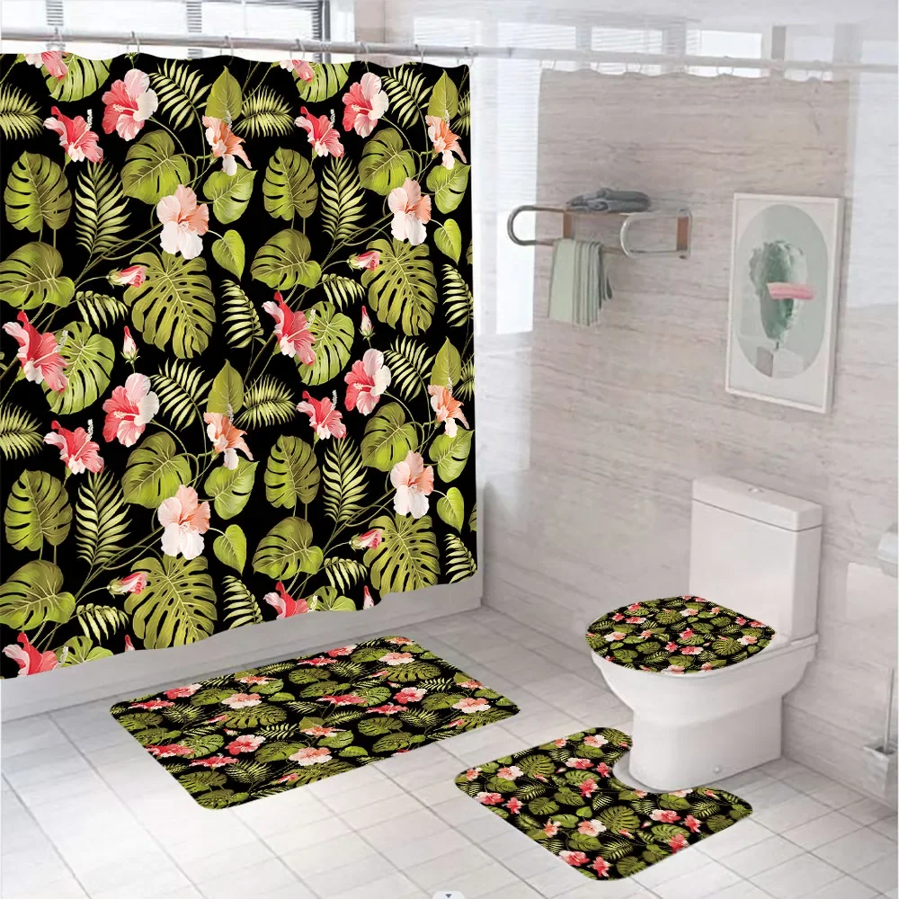 Green Tropical Plant Leaves Flowers Shower Curtain Set Non Slip Toilet Cover Bath Mat Rugs Waterproof Bathroom Screen Home Decor