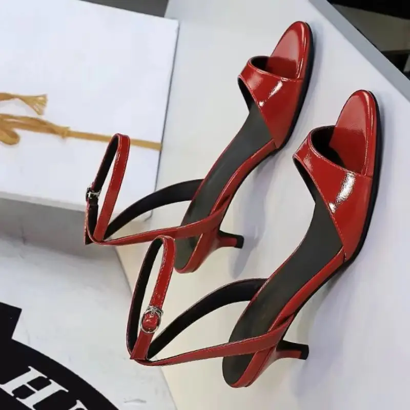 Zapatos BIGTREE de tacón medio con punta abierta para mujer, zapatos de charol para mujer, tacones sexys para mujer, sandalias de verano con hebilla de 4 cm