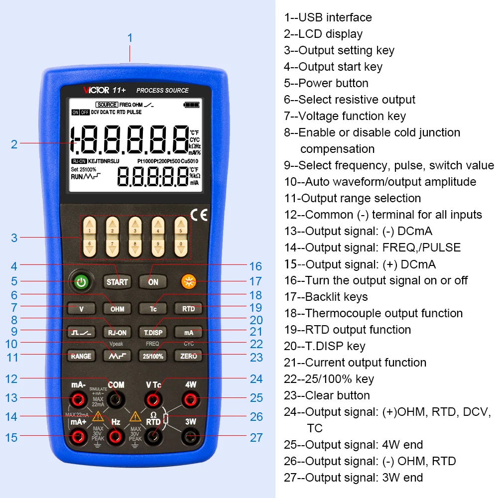 Outils de calibrage de signal mort thermocouple Victor 11 +, source de processus, haute précision, fonction de sortie 0.02%, thermique 02/10/2018