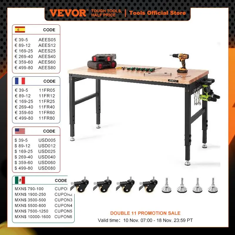 VEVOR 2000 LBS Adjustable Workbench Garage Worktable with Universal Wheels Power Outlets Hardwood Top for Office Home Factory