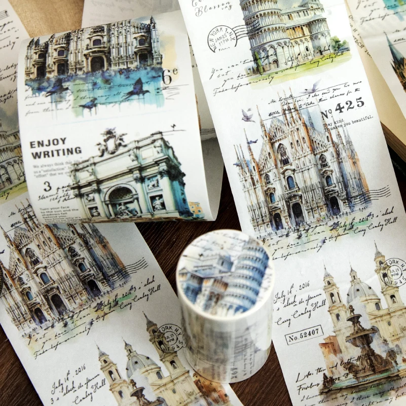 

75mm*2m PET European architecture Tape DIY Scrapbook Decor Photo Album Collage Junk Journal Materials Planner Aesthetic Stickers