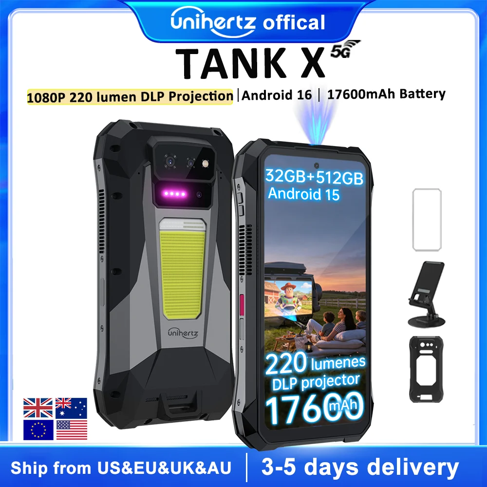 EU US shipment Unihertz by 8849 TANK X Rugged Smartphone 5G Android 15 Built-in 1080P 220 lumen DLP Projection 17600mah 32 512GB
