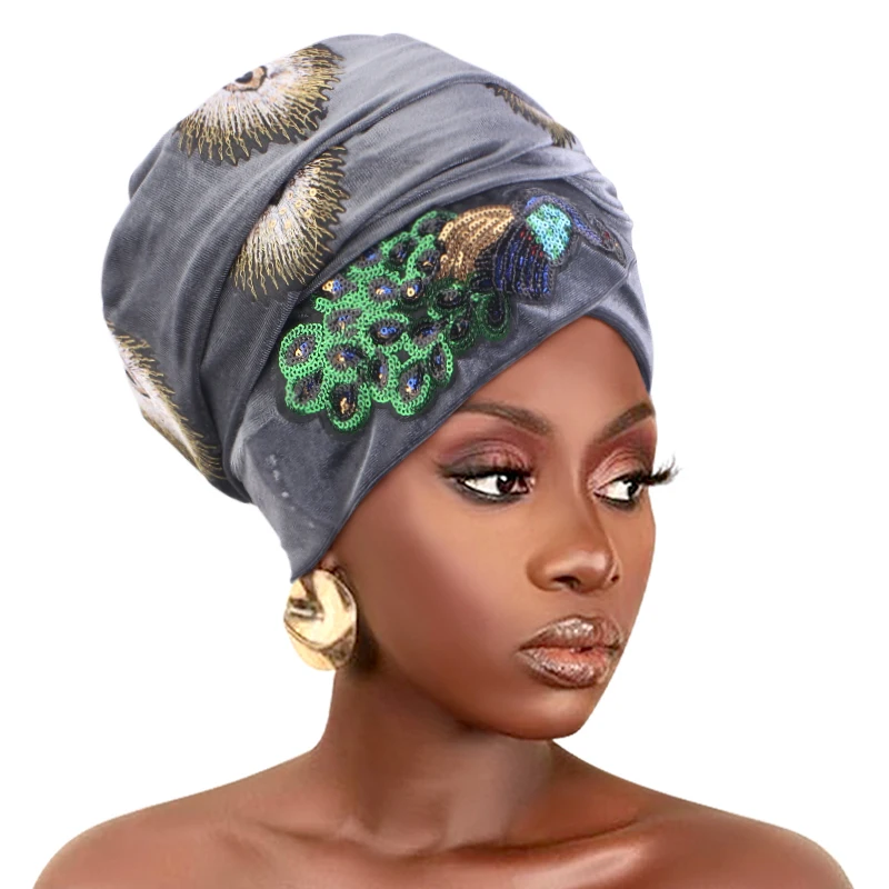 New fashion women gorgeous Embellished Peacock sequined Velvet Turban Long Head Wraps women luxury Hijab head scarf turbante