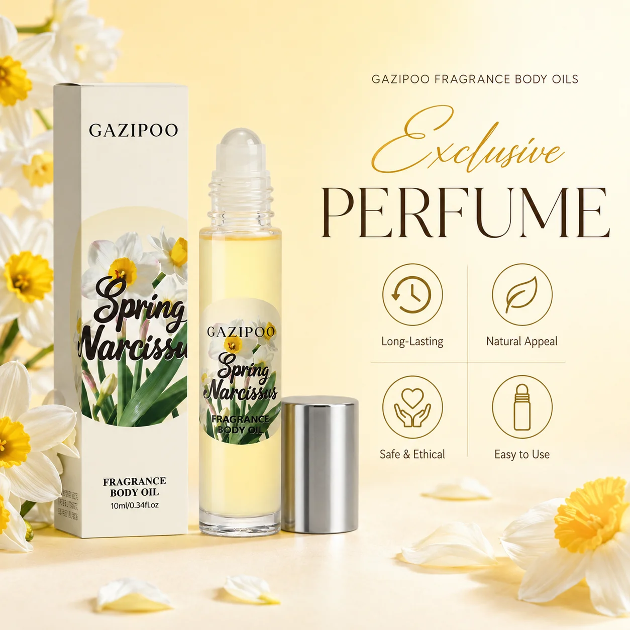 10ml Narcissus Fragrance Body Oil - Fresh Floral Subtle Perfume Oil, Original Eau de Toilette Traveling or Dating Bathroom Use