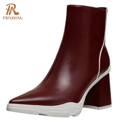 PRXDONG Women's Shoes 2024 New Brand Autumn Winter Warm Ankle Boots Chunky High Heels Pointed Toe Black White Dress Office Lady