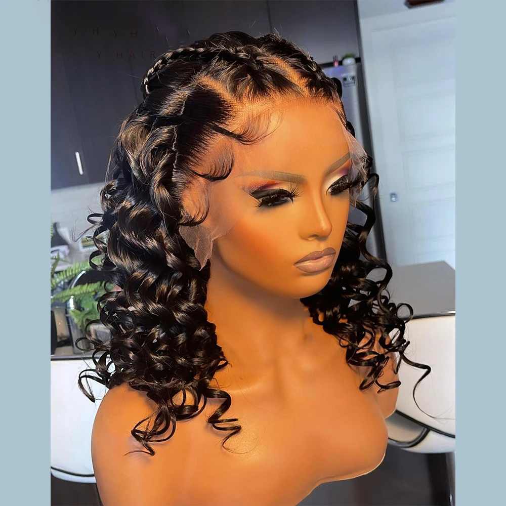 Perruque Lace Front Wig sans colle bouclée noire naturelle, cheveux de bébé, douce, densité 180, 26 longs, deep wave, pre-plucked, degré de chaleur, pour femmes, 03/3