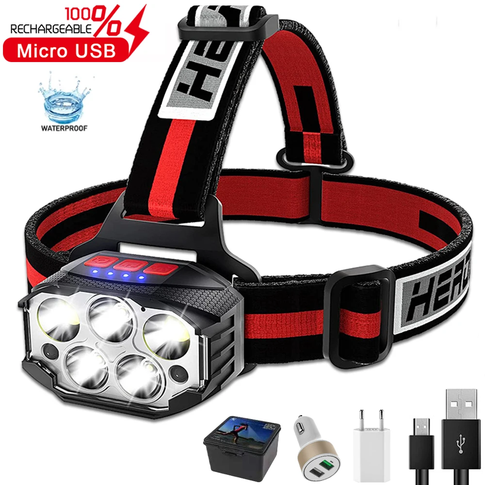 USB Rechargeable 5LED Sensor Headlamp Waterproof Induction Headlight with 18650 Battery for Camping Fishing Hunting