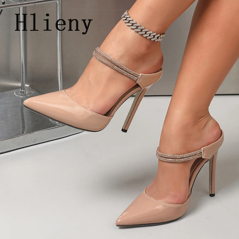 Hlieny New Design Patent Leather Women Pumps Fashion Pointed Toe Thin High Heels Rhinestone Strap Sandals Party Dress Shoes