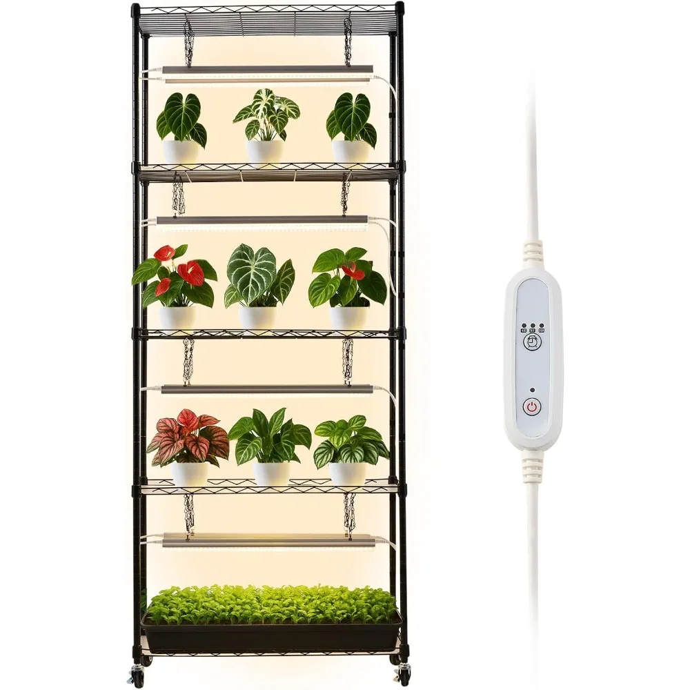 Plant Shelf with Grow Light, 6-Tier Indoor Plant Stand, 71 in Tall Plants Display Rack with Wheels & 4/9/14H Timer, 80W T5