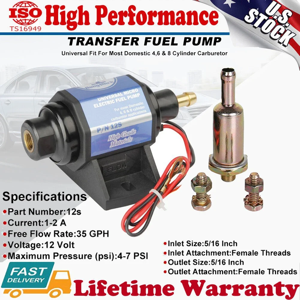 미국 주식 범용 12V 35 GPH 4-7 PSI 마이크로 전자 연료 펌프 외부 가솔린 오일 펌프 4,6,8 기통 기화기 호환