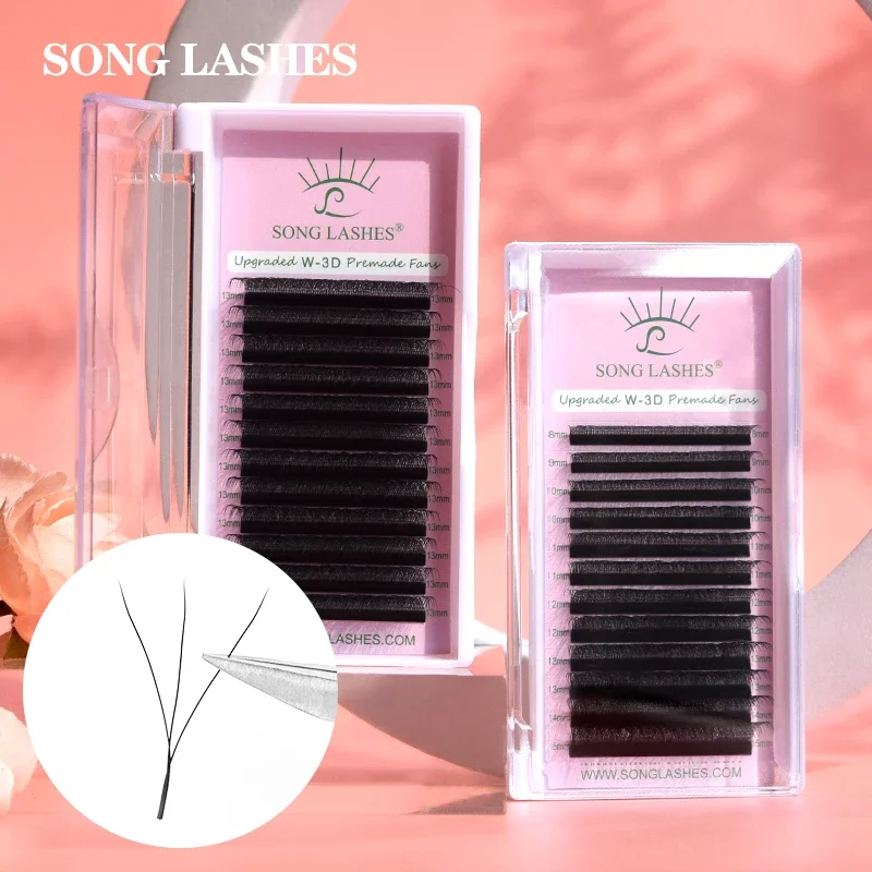 Song Lashes 3D W shaped Premade Volume Fan Eyelash Extensions 12 Rows Pure Darker Black/ Brown C/D Curl High Quality Makeup Tool