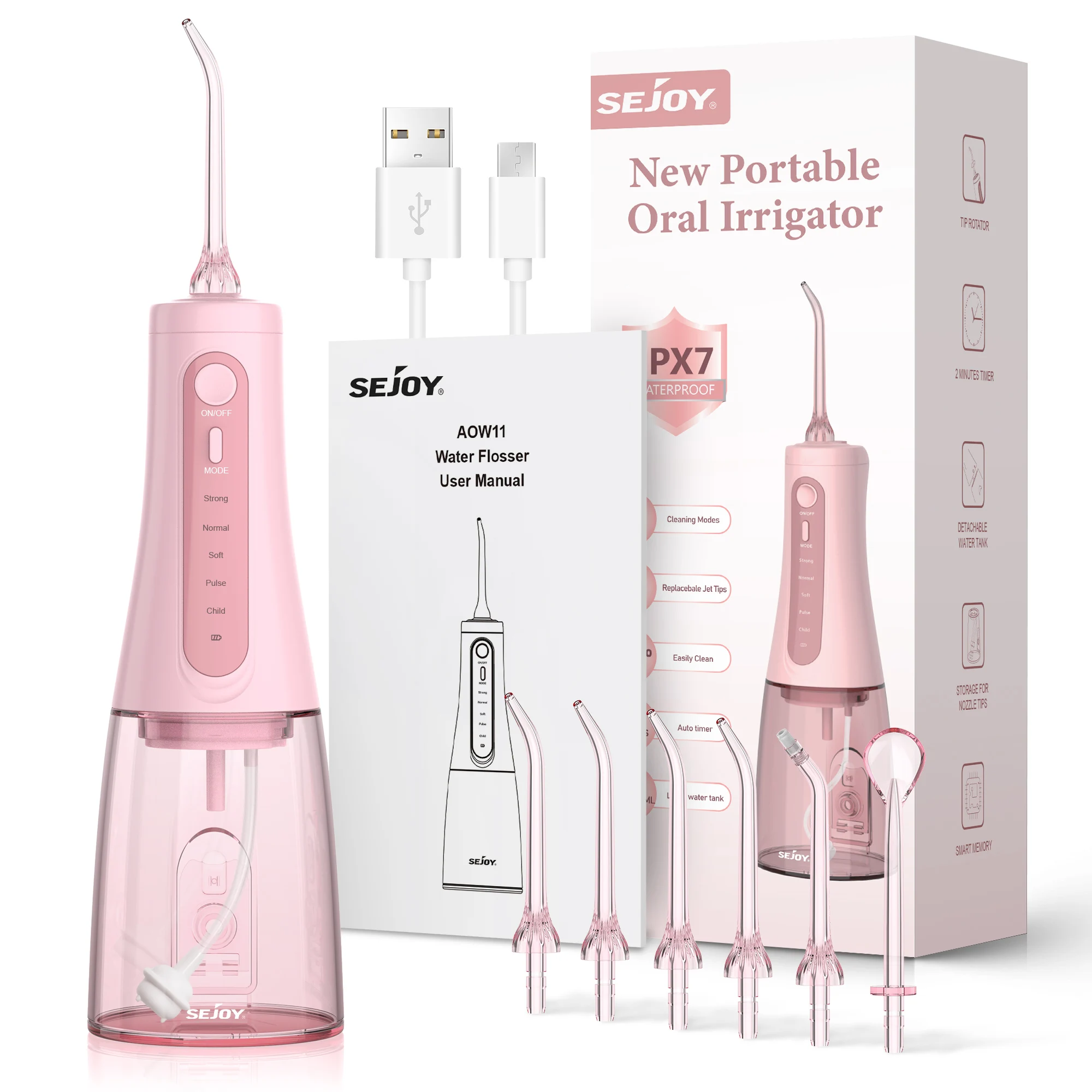 Sejoy جهاز تنظيف الأسنان بالماء عن طريق الفم الري قابلة للشحن المحمولة 5 طرق خزان المياه للأسنان 350 مللي مقاوم للماء منظف الأسنان