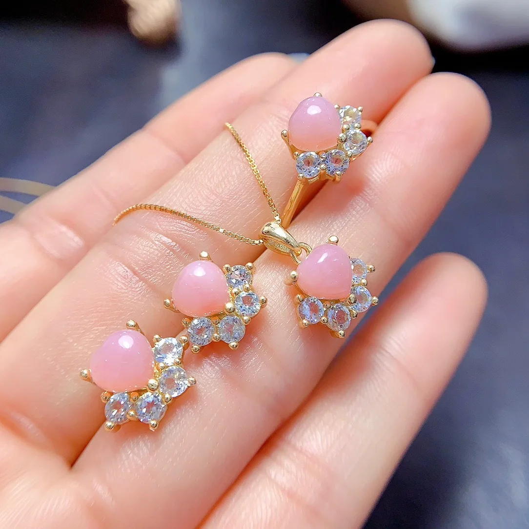 Natural Pink Opal Topaz Ring Earrings Pendant 3PC Set S925 Sterling Silver Certificate for Women Fine Charm Weddings Jewelry FS